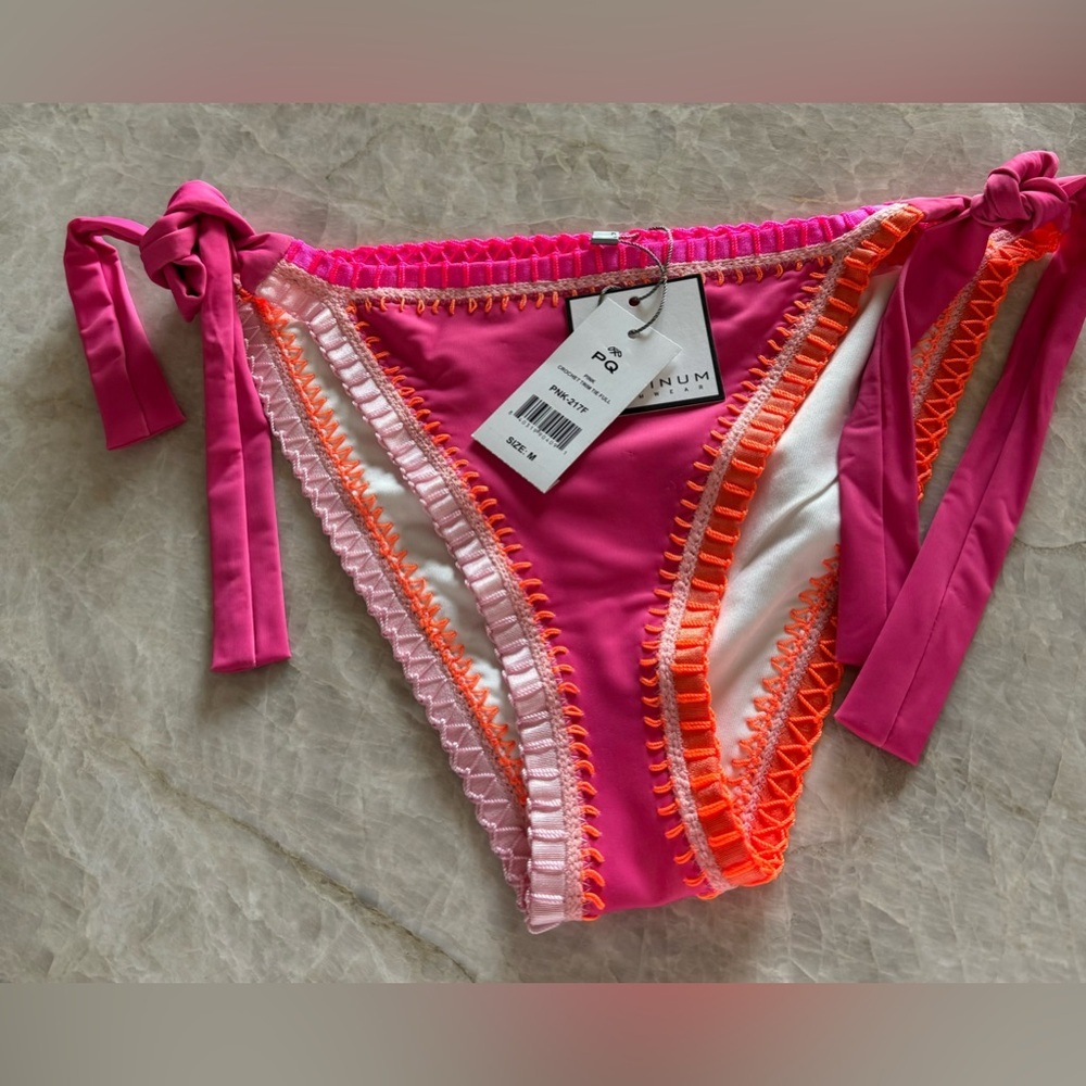 NWT PILYQ‎ Platinum  Crochet Trim Side Tie Bikini Bottoms